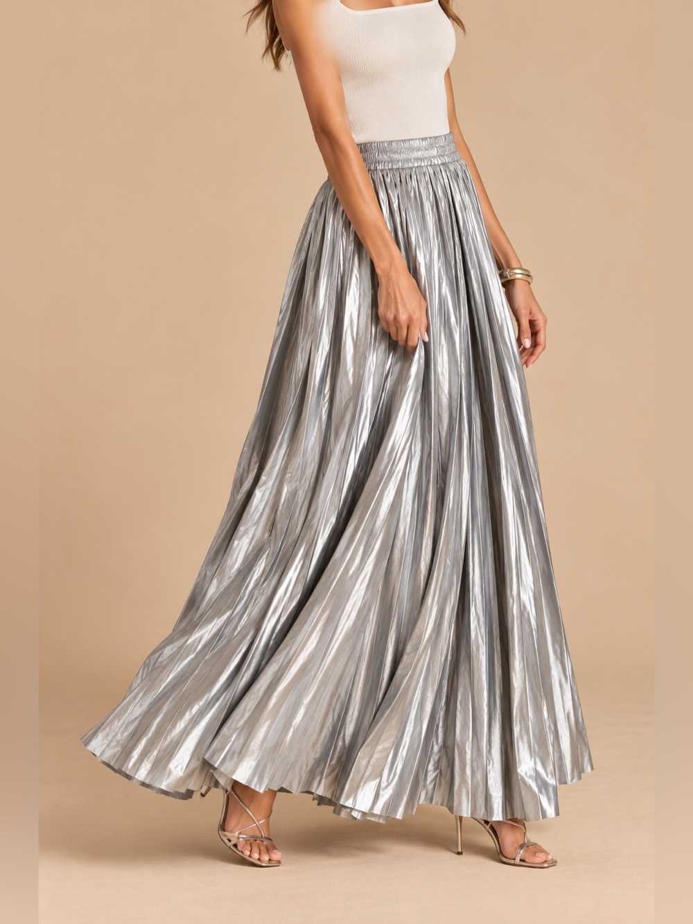 Wishlist Metallic Silver Pleated Evening Statement Pull On Flowy Maxi Skirt Glam